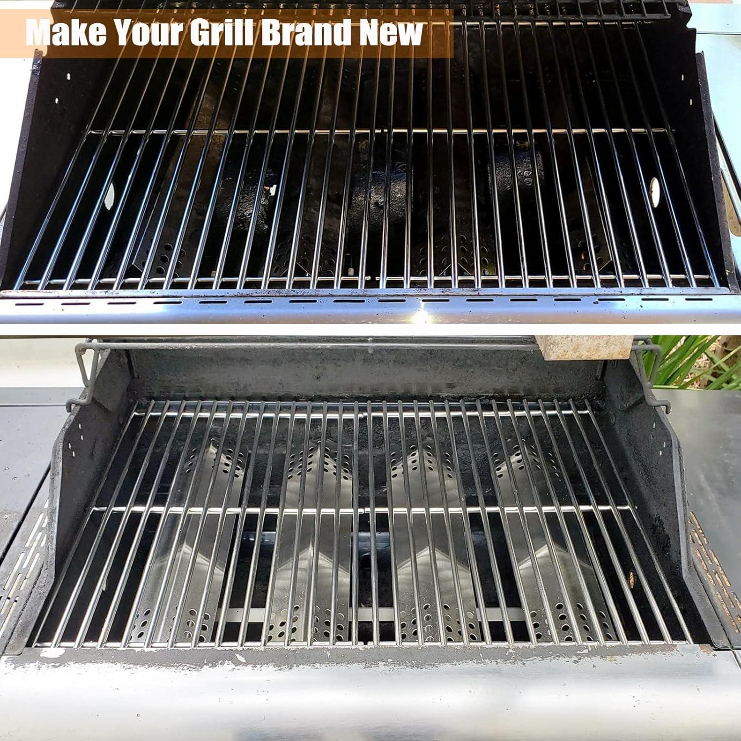 imageHisencn Replacement Parts for Master Forge 1010037 1010048 Gas Grill Models Stainless Steel Burners Stainless Heat Plates Tent Shield and Cooking Grids Grill Grate Repair Kit