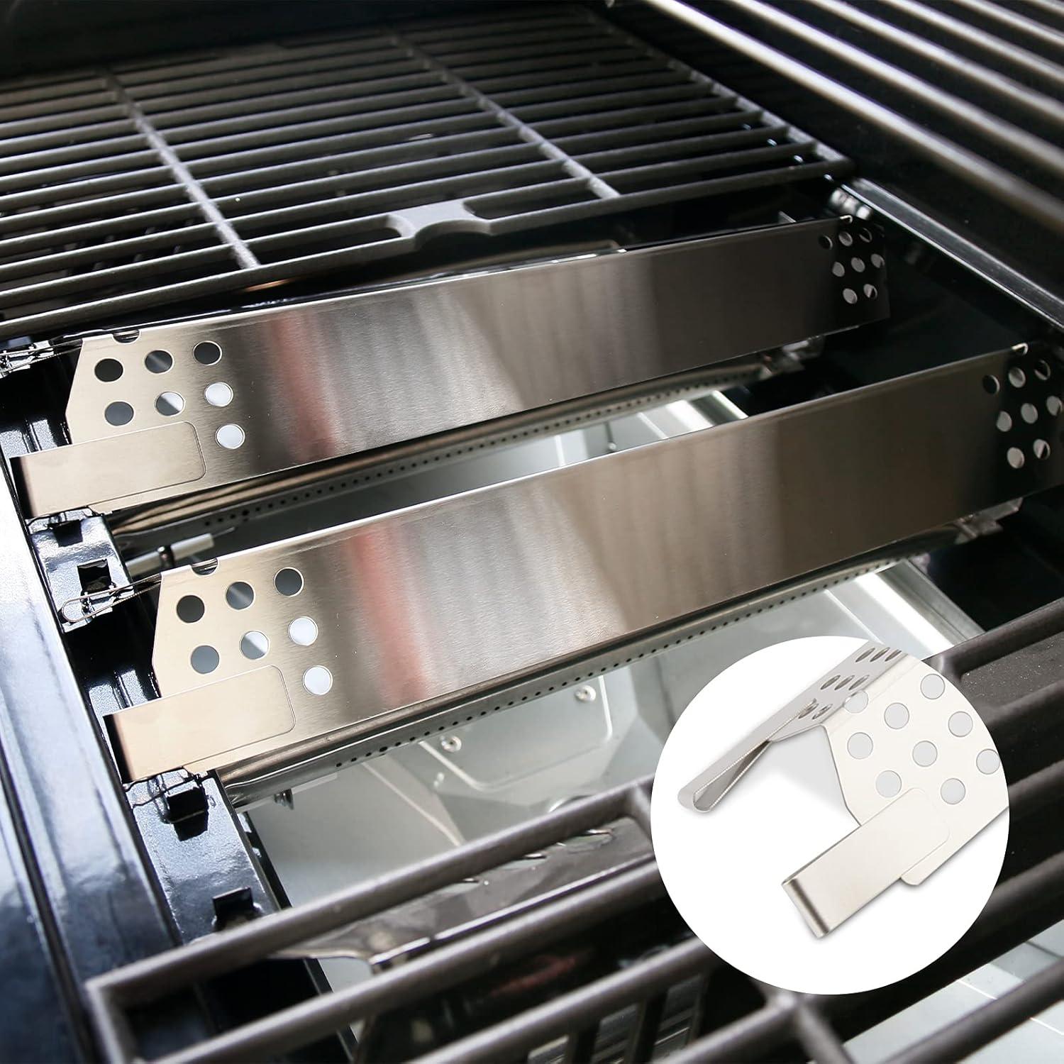 imageHisencn Replacement Parts for Master Forge 1010037 1010048 Gas Grill Models Stainless Steel Burners Stainless Heat Plates Tent Shield and Cooking Grids Grill Grate Repair Kit