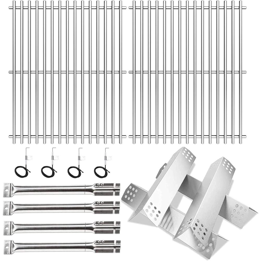 imageHisencn Replacement Parts for Master Forge 1010037 1010048 Gas Grill Models Stainless Steel Burners Stainless Heat Plates Tent Shield and Cooking Grids Grill Grate Repair Kit