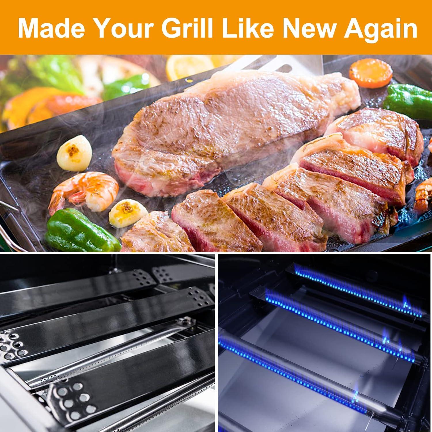 imageHisencn Gas Grill Replacement Parts for Expert Grill 7200968C 5 Burner Grill Stainless Steel Straight Burner Pipe Tubes and Porcelain Steel Heat Tent Plates Heat Shield Repair Kit 5 Packfor Expert 7200968C 5 Burner