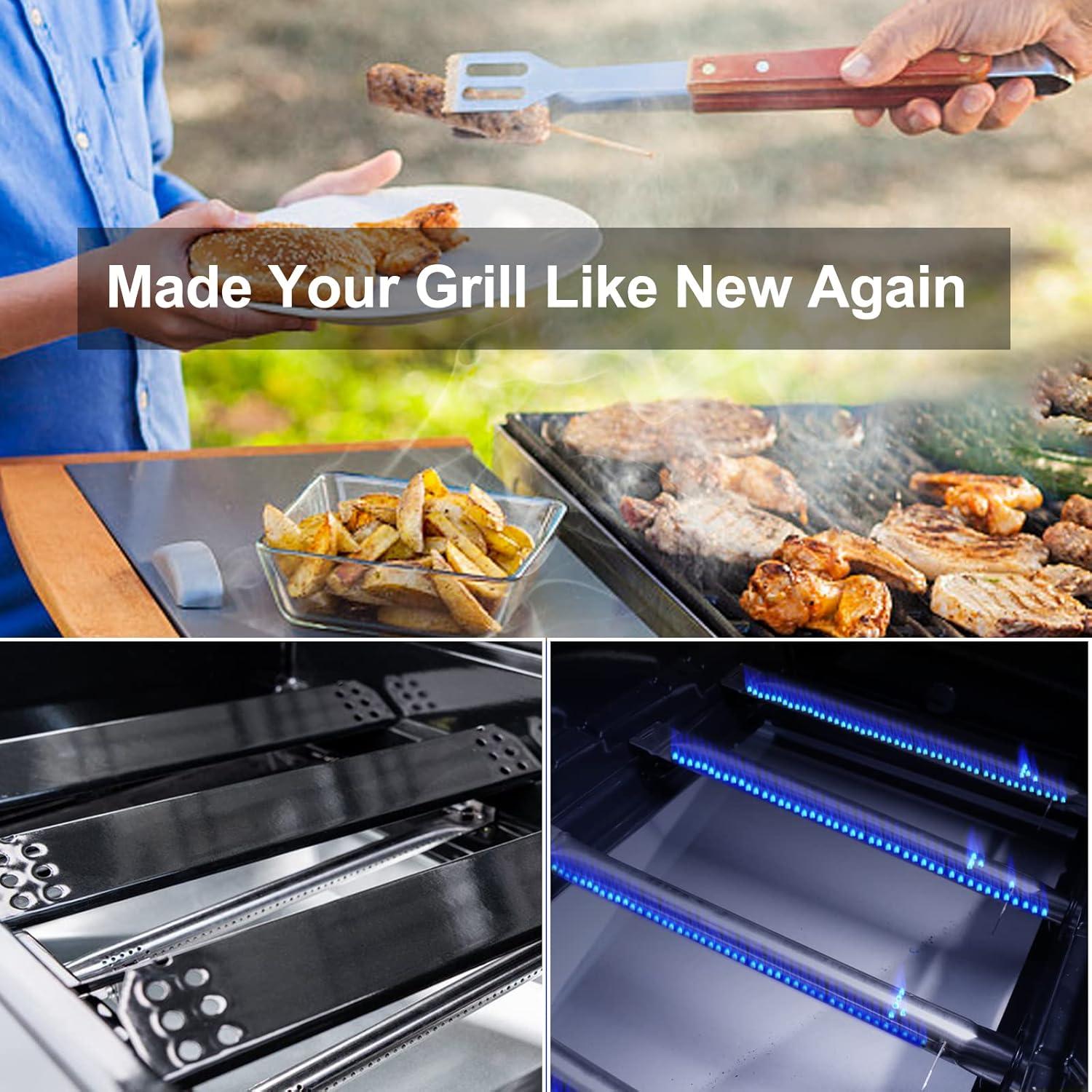 imageHisencn Gas Grill Replacement Parts for Expert Grill 7200968C 5 Burner Grill Stainless Steel Straight Burner Pipe Tubes and Porcelain Steel Heat Tent Plates Heat Shield Repair Kit 5 Packfor Expert 7200789H 4 Burner
