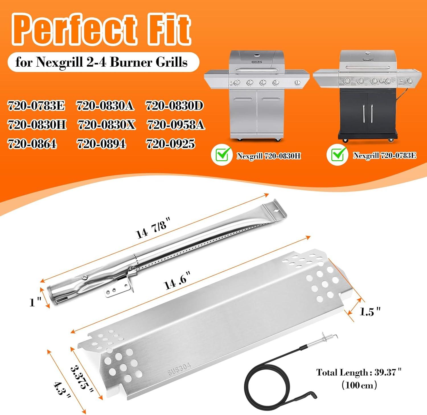 imageHisencn Grill Replacement Parts for Nexgrill 7200783C 7200783E for Grill Master 7200697 Gas Grill Stainless Steel Straight Burner Tubes Heat Plates Repair Kit 4 Pack304 Stainless Steel