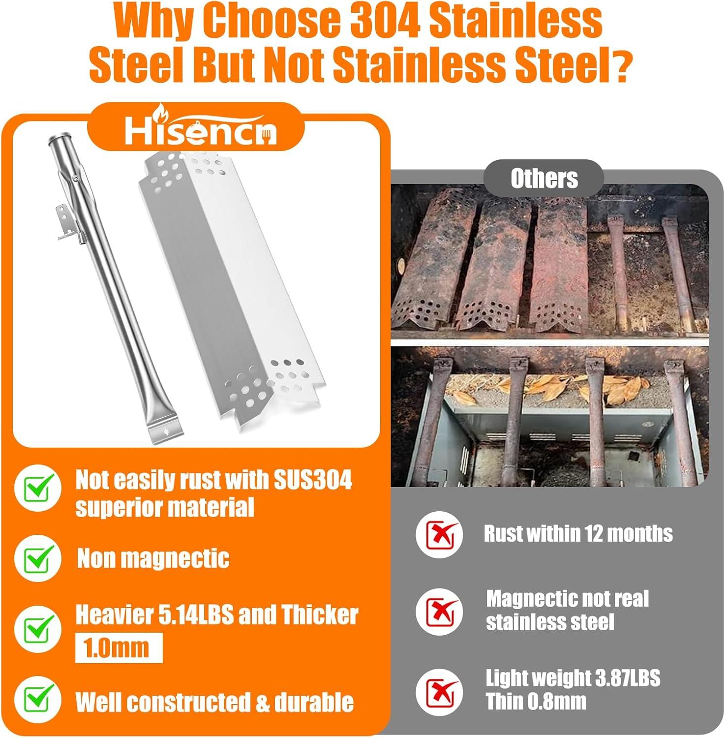 imageHisencn Grill Replacement Parts for Nexgrill 7200783C 7200783E for Grill Master 7200697 Gas Grill Stainless Steel Straight Burner Tubes Heat Plates Repair Kit 4 Pack304 Stainless Steel