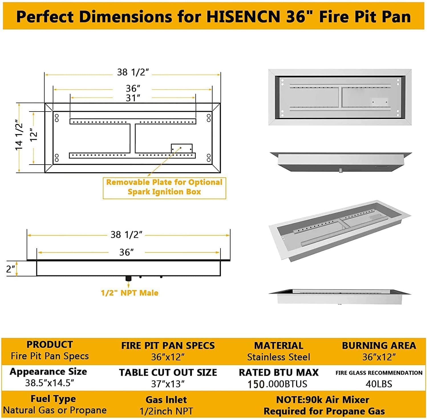 imageHisencn Dropin Fire Pit Kit 36 x 12 Inch Fire Pit Insert H Burner with Spark Ignition and Propane Hose Kit for Propane Fire Pit Fire Table Insert Indoor or Outdoor Decorative Fireplace36 x 12 in