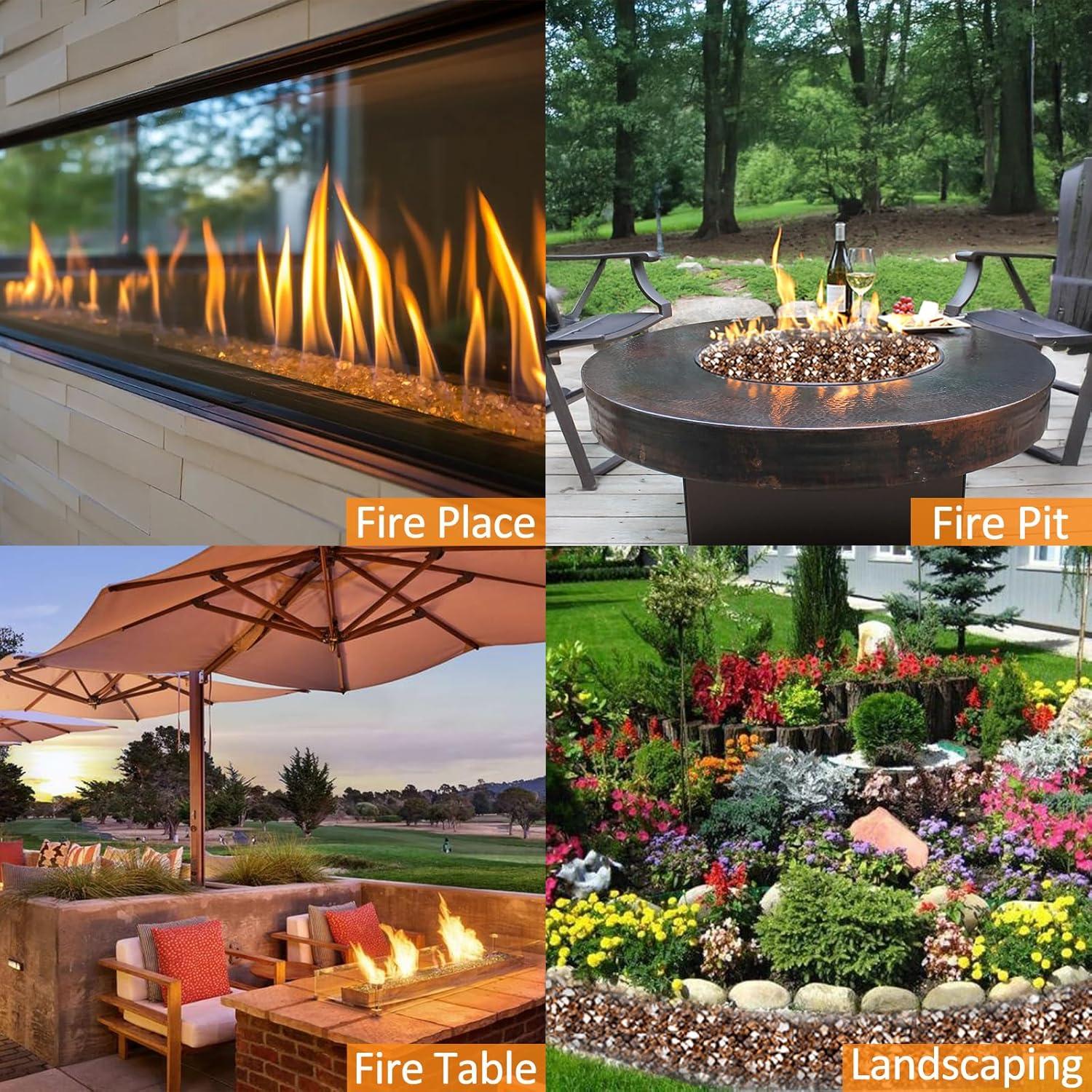 imageHisencn Fire Glass 12 Inch Caribbean Blue Reflective Tempered Fire Glass Rocks for Fire Pit Outdoors and Indoors Natural or Propane Fireplaces Fire Bowls Landscape Decoration 10 PoundsCopper