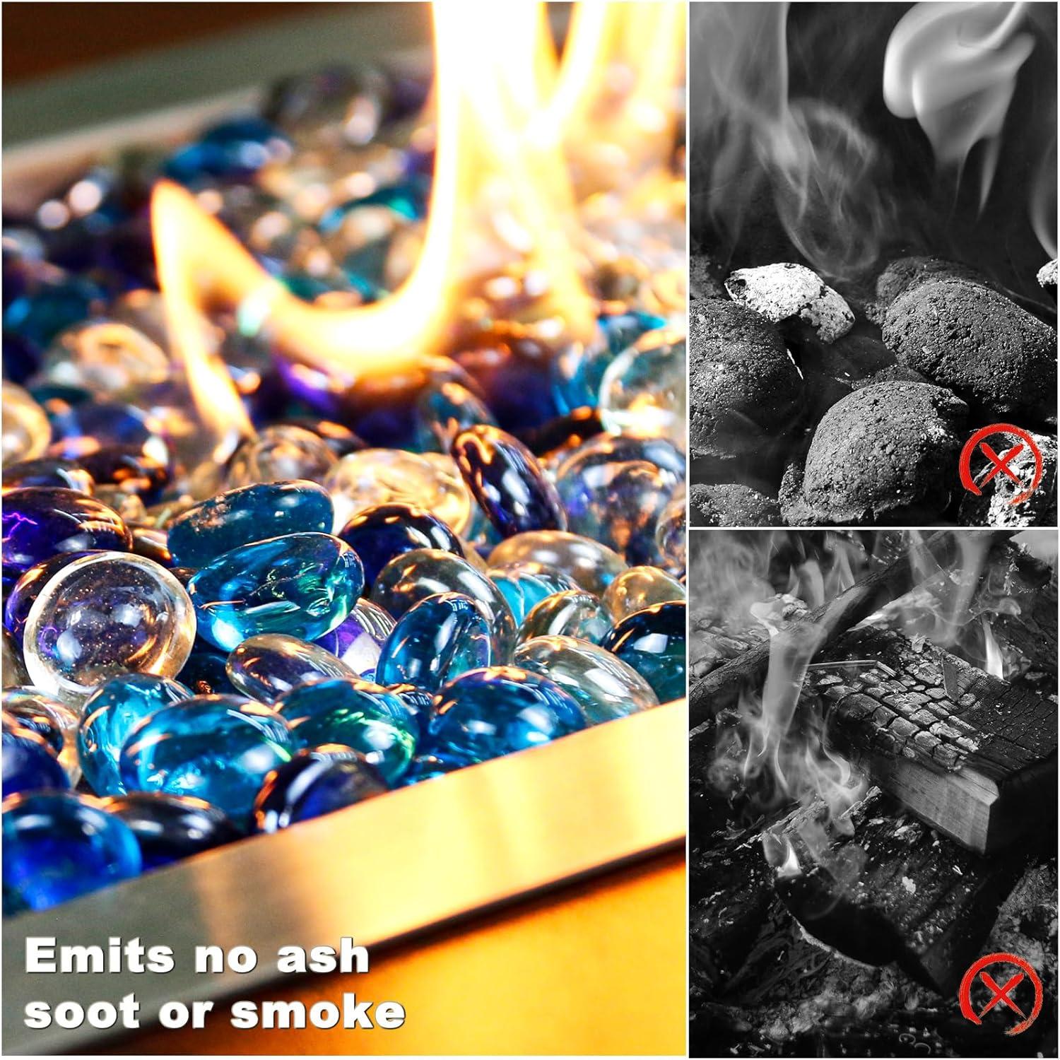 imageHisencn Fire Glass Beads for Fire Pit 12 Inch Blended Blue Fire Glass Rocks for Propane Gas Fireplace or Natural Outdoor and Indoor Reflective Decorative Tempered Firepit Glass 10 PoundsCobalt Blue Caribbean Blue Crystal Ice Mix
