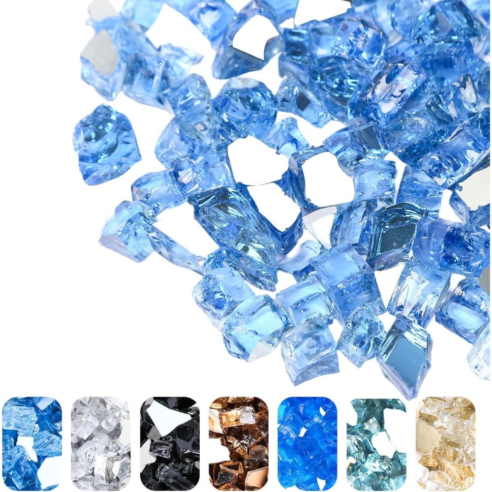 imageHisencn Fire Glass 12 Inch Caribbean Blue Reflective Tempered Fire Glass Rocks for Fire Pit Outdoors and Indoors Natural or Propane Fireplaces Fire Bowls Landscape Decoration 10 PoundsPacific Blue