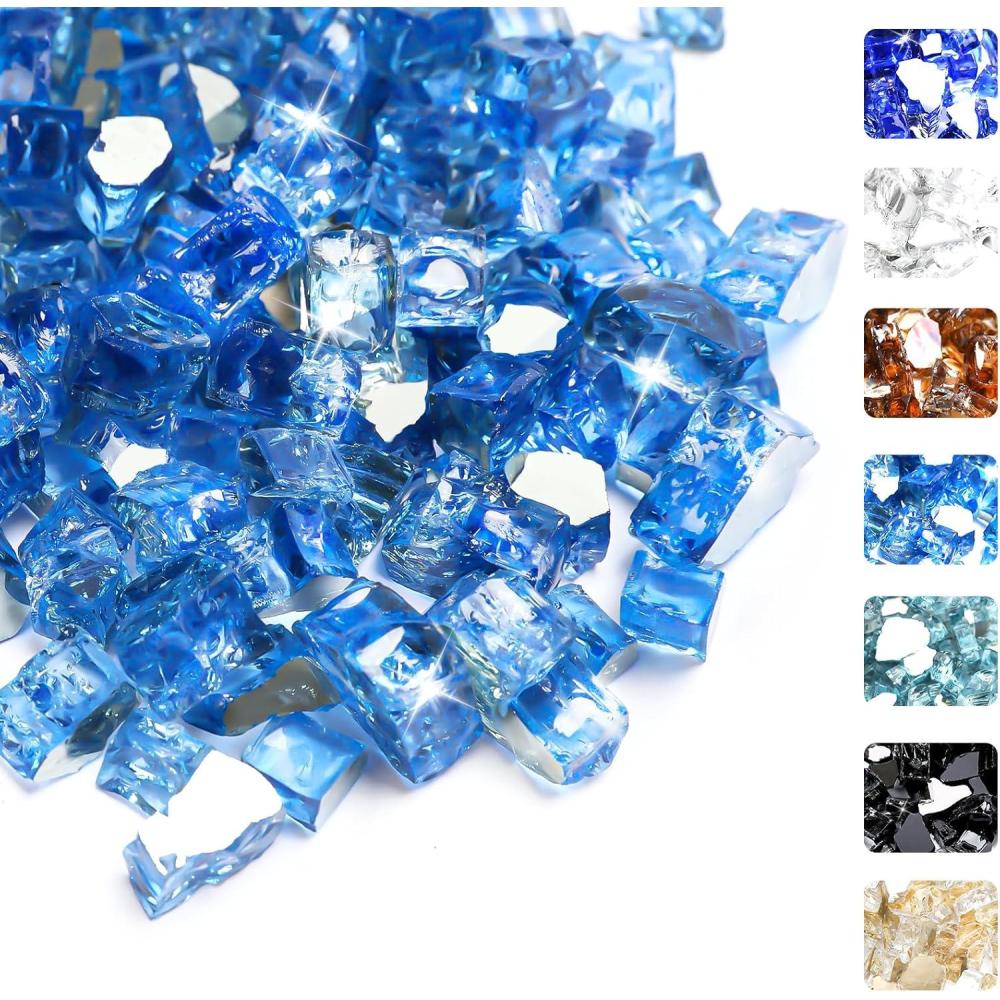 imageHisencn Fire Glass 12 Inch Caribbean Blue Reflective Tempered Fire Glass Rocks for Fire Pit Outdoors and Indoors Natural or Propane Fireplaces Fire Bowls Landscape Decoration 10 PoundsPacific Blue Reflective