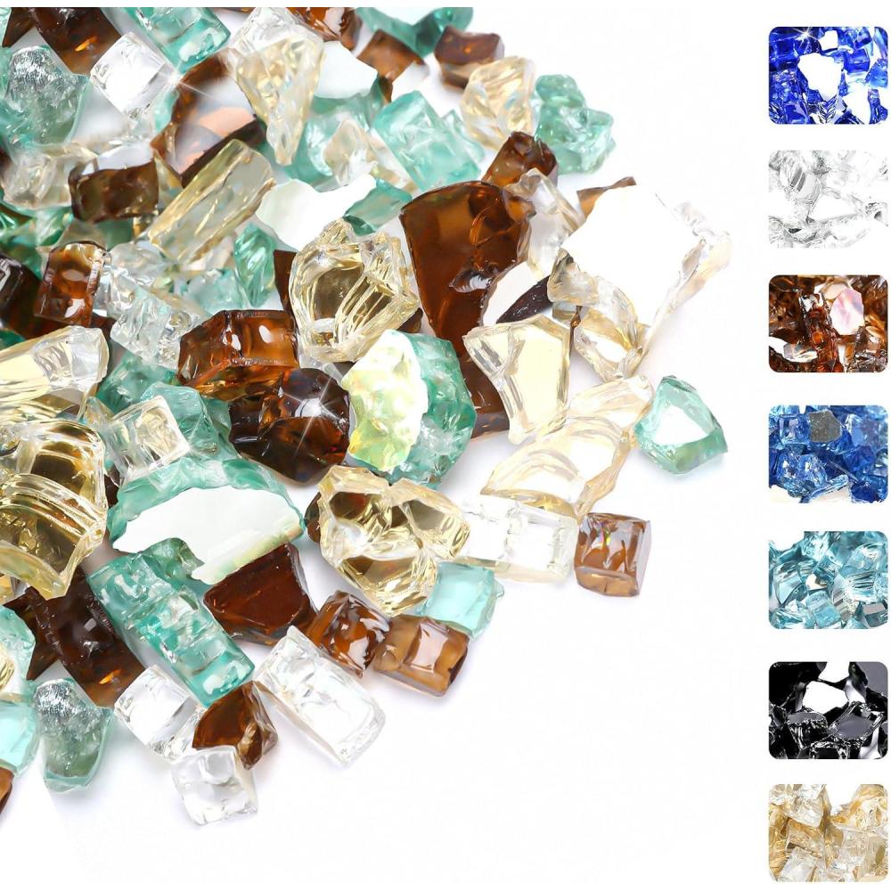 imageHisencn Fire Glass 12 Inch Caribbean Blue Reflective Tempered Fire Glass Rocks for Fire Pit Outdoors and Indoors Natural or Propane Fireplaces Fire Bowls Landscape Decoration 10 PoundsGold Green Copper