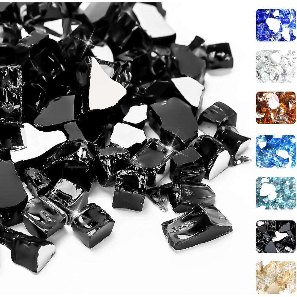 imageHisencn Fire Glass 12 Inch Caribbean Blue Reflective Tempered Fire Glass Rocks for Fire Pit Outdoors and Indoors Natural or Propane Fireplaces Fire Bowls Landscape Decoration 10 PoundsOnyx Black Reflective