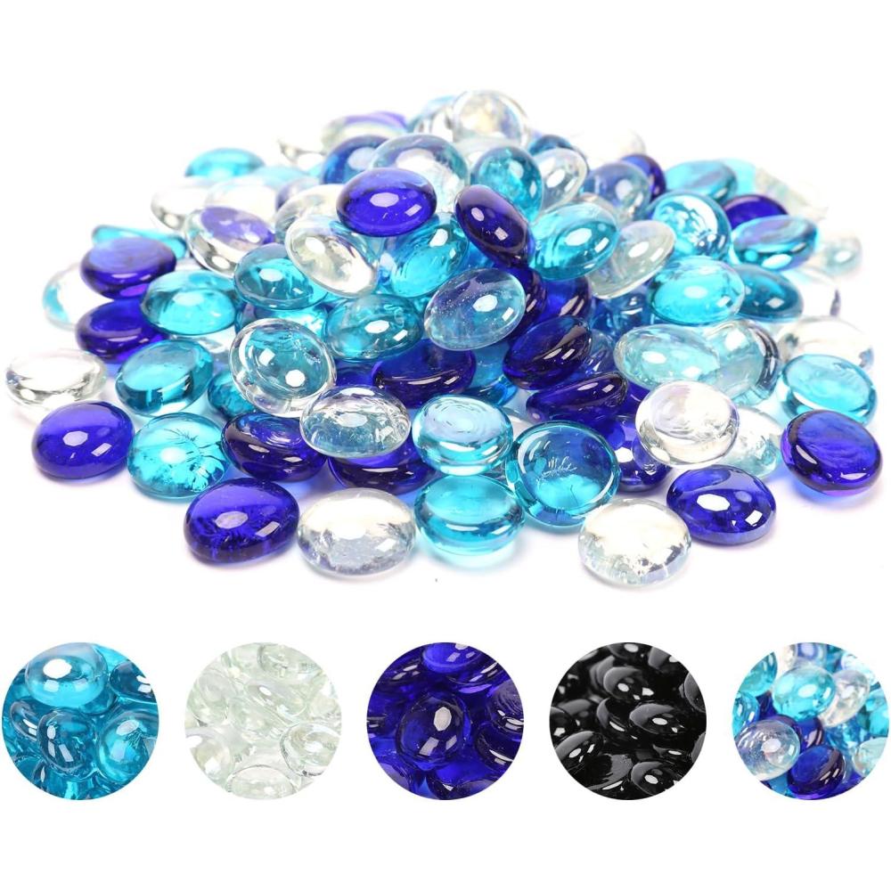 imageHisencn Fire Glass Beads for Fire Pit 12 Inch Blended Blue Fire Glass Rocks for Propane Gas Fireplace or Natural Outdoor and Indoor Reflective Decorative Tempered Firepit Glass 10 PoundsCobalt Blue Caribbean Blue Crystal Ice Mix
