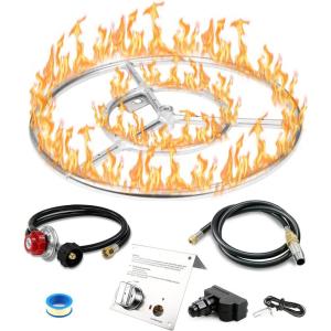 Hisencn Drop-in Fire Pit Kit 36 x 12 Inch, Fire Pit Insert H Burner with Spark Ignition and Propane Hose Kit for Propane Fire Pit, Fire Table Insert, Indoor or Outdoor Decorative Fireplace(Ø24 in.)