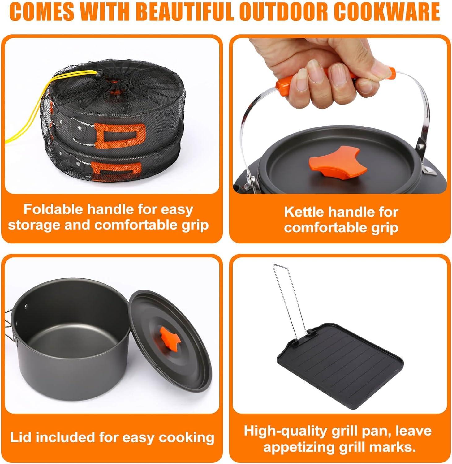 imageHisencn Camping Stove2 Burner Propane Stove20000 BTUh Camping Cooking set Includes Frying PanKettle and PotAdjustable Burners amp Piezo IgnitionPortable stove for camping OutdoorBlueBlack