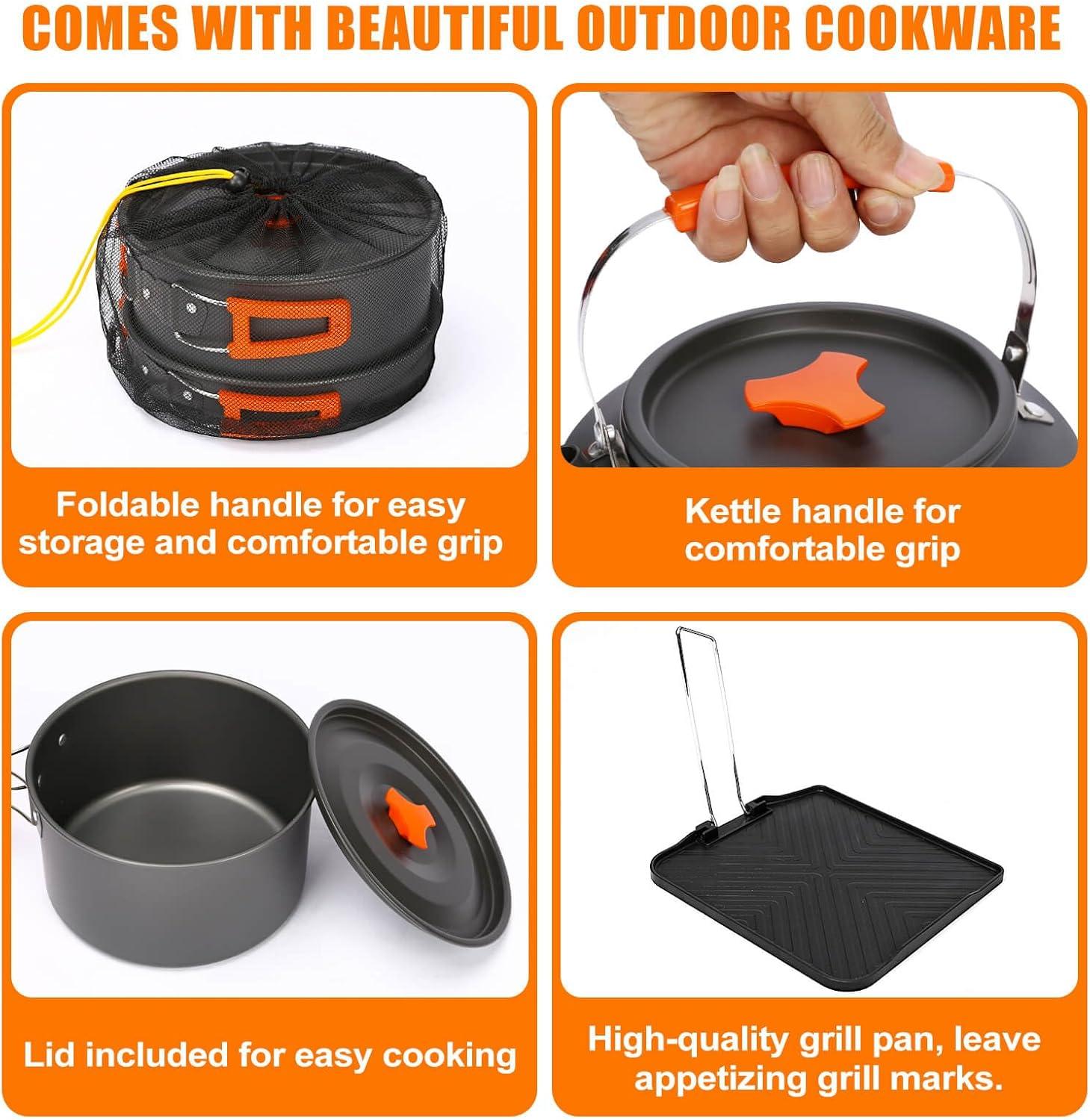 imageHisencn Camping Stove2 Burner Propane Stove20000 BTUh Camping Cooking set Includes Frying PanKettle and PotAdjustable Burners amp Piezo IgnitionPortable stove for camping OutdoorBlueRed