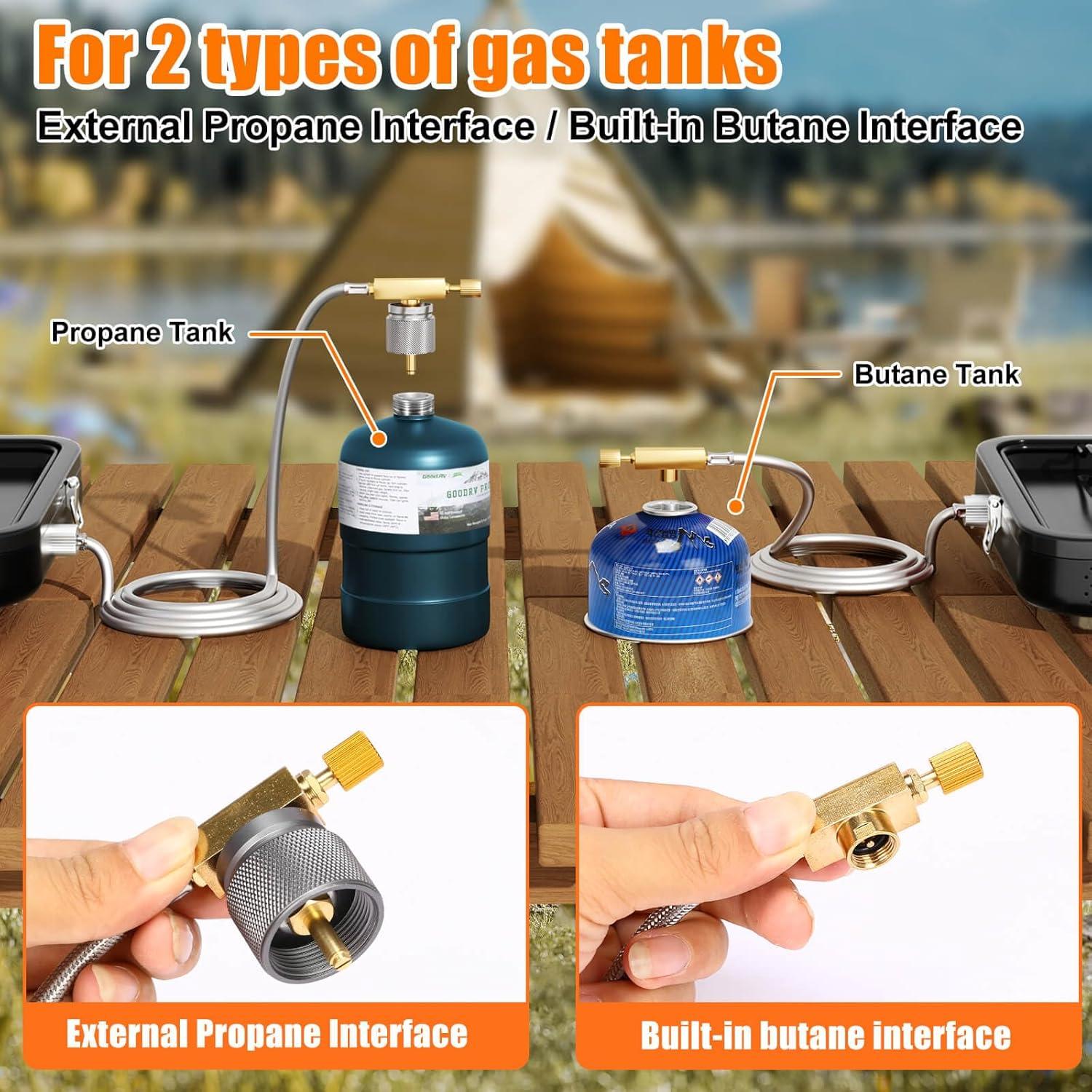 imageHisencn Camping Stove2 Burner Propane Stove20000 BTUh Camping Cooking set Includes Frying PanKettle and PotAdjustable Burners amp Piezo IgnitionPortable stove for camping OutdoorBlueBlack