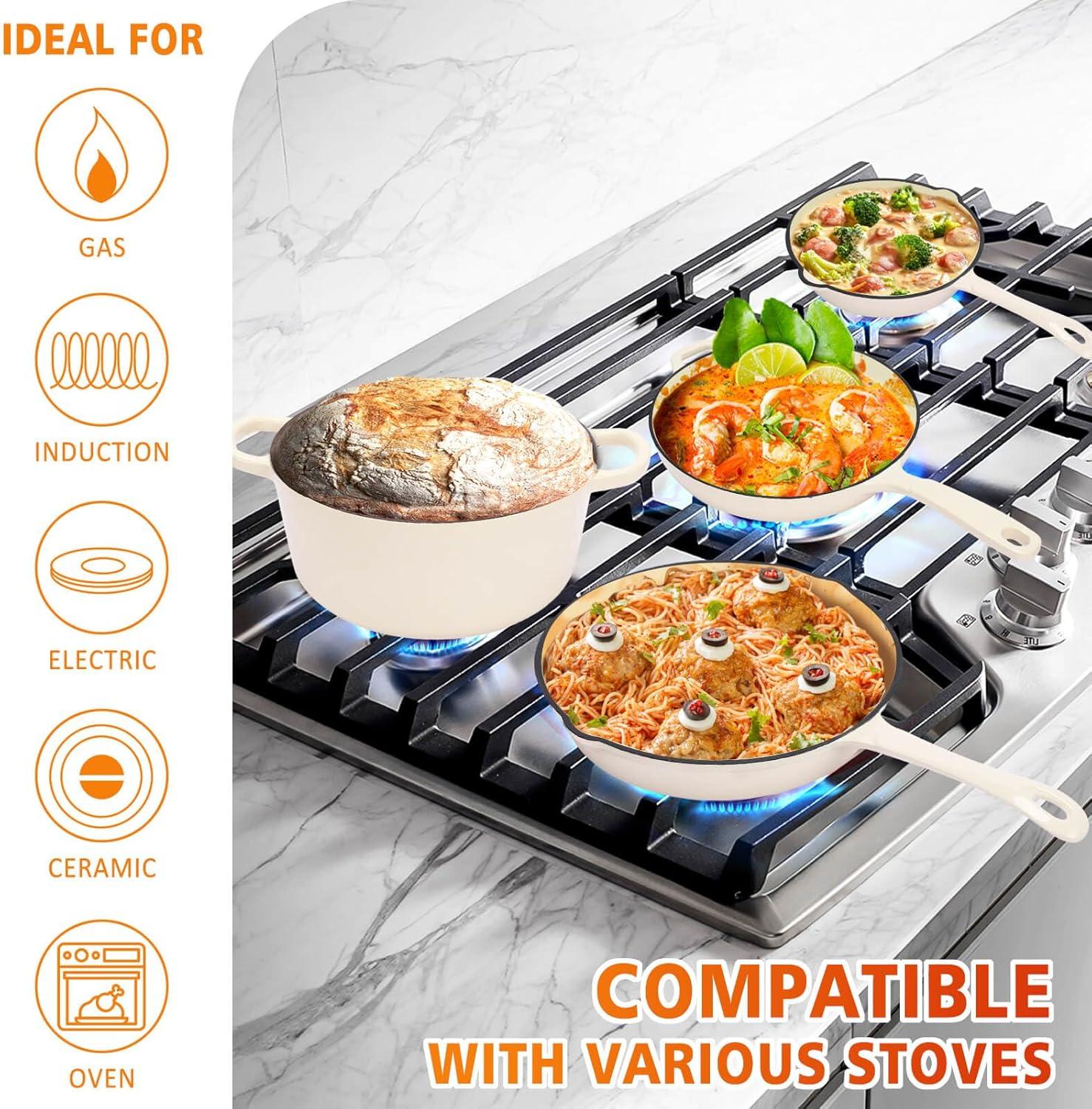 imageHisencn Enameled Cast Iron Cookware Set 7 Piece Dutch Ovens Set Sauce Pan Skillet 3 Lids Pots and Pans Set Ceramic Coated Cast Iron Heavy Duty GasInduction Compatible PFA Free Rouge RedCream White