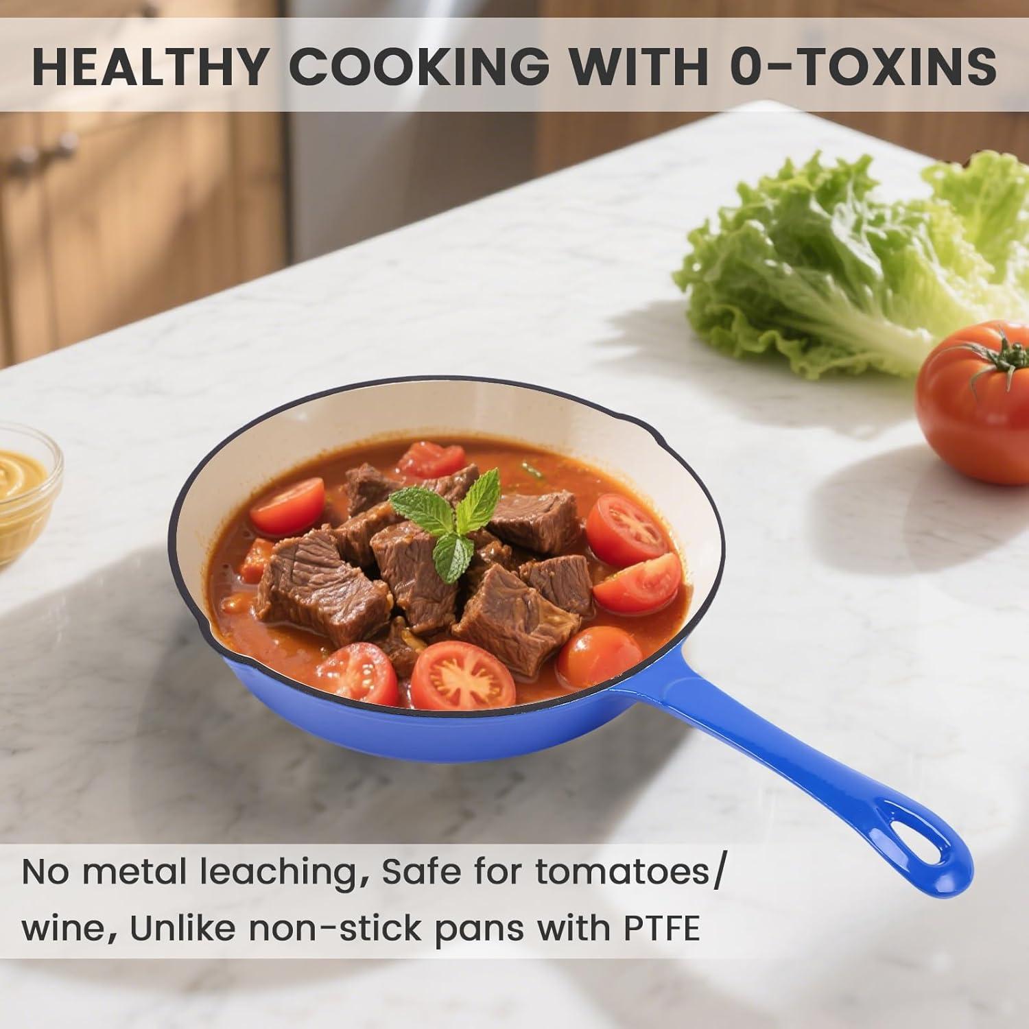 imageHisencn Enameled Cast Iron Cookware Set 7 Piece Dutch Ovens Set Sauce Pan Skillet 3 Lids Pots and Pans Set Ceramic Coated Cast Iron Heavy Duty GasInduction Compatible PFA Free Rouge RedCobalt Blue