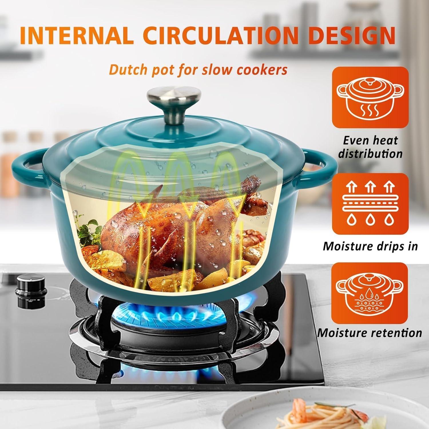 imageHisencn Enameled Cast Iron Cookware Set 7 Piece Dutch Ovens Set Sauce Pan Skillet 3 Lids Pots and Pans Set Ceramic Coated Cast Iron Heavy Duty GasInduction Compatible PFA Free Rouge RedBiscay Blue
