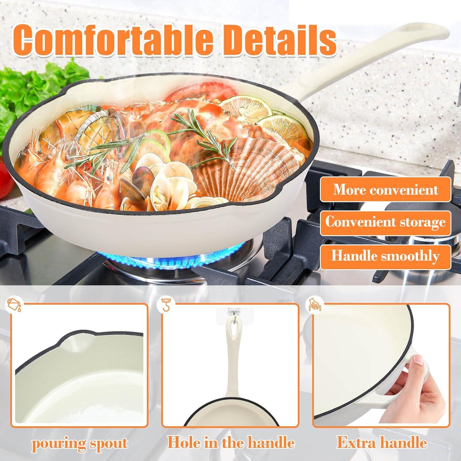 imageHisencn Enameled Cast Iron Cookware Set 7 Piece Dutch Ovens Set Sauce Pan Skillet 3 Lids Pots and Pans Set Ceramic Coated Cast Iron Heavy Duty GasInduction Compatible PFA Free Rouge RedCream White