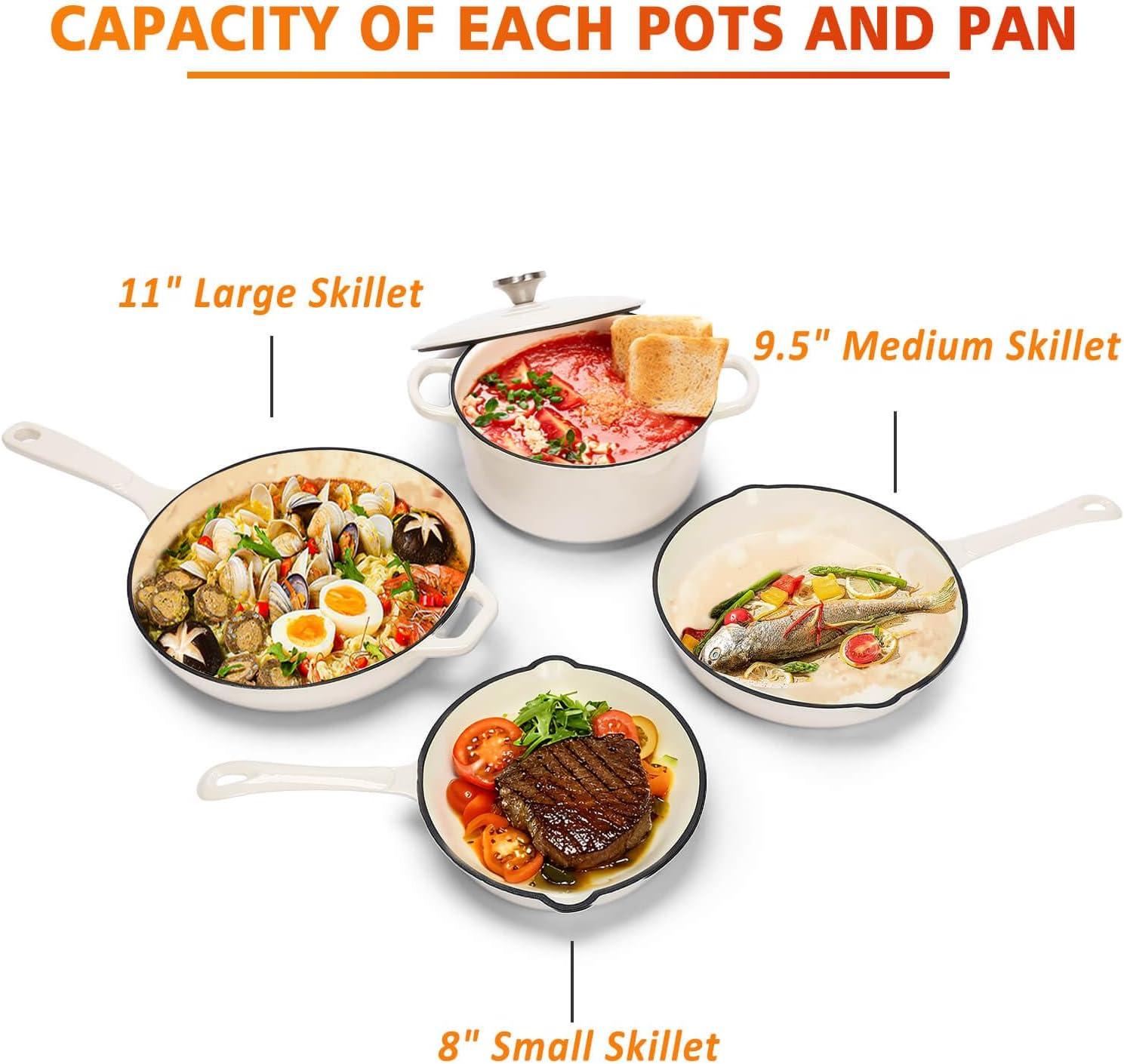 imageHisencn Enameled Cast Iron Cookware Set 7 Piece Dutch Ovens Set Sauce Pan Skillet 3 Lids Pots and Pans Set Ceramic Coated Cast Iron Heavy Duty GasInduction Compatible PFA Free Rouge RedCream White