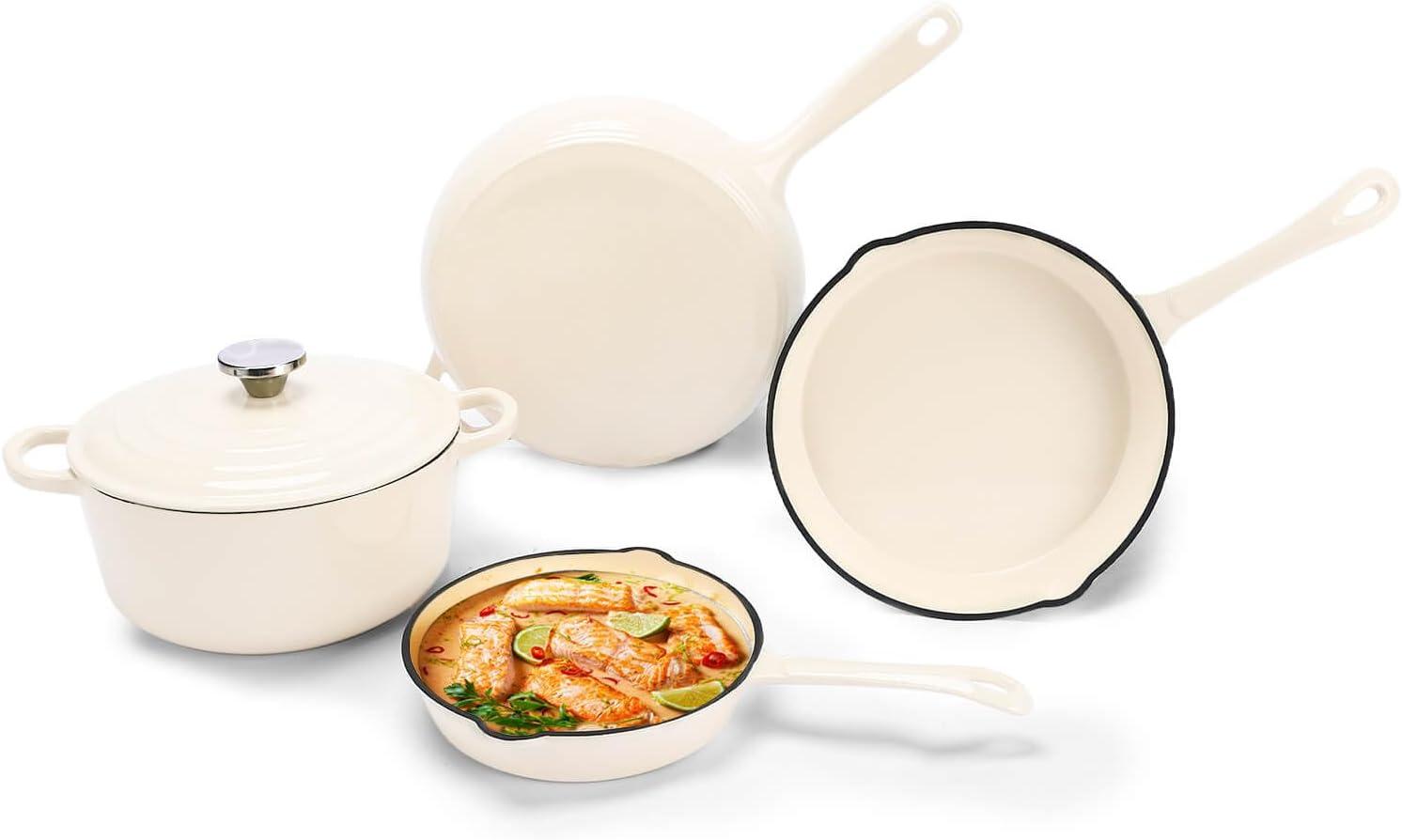 imageHisencn Enameled Cast Iron Cookware Set 7 Piece Dutch Ovens Set Sauce Pan Skillet 3 Lids Pots and Pans Set Ceramic Coated Cast Iron Heavy Duty GasInduction Compatible PFA Free Rouge RedCream White