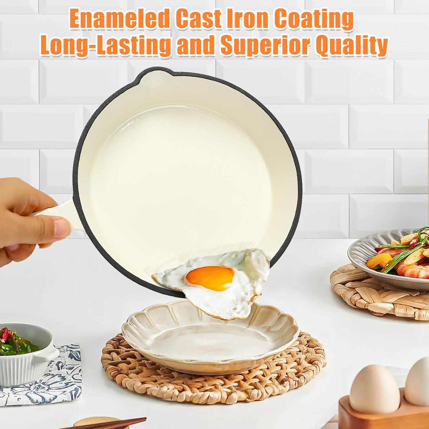 imageHisencn Enameled Cast Iron Cookware Set 7 Piece Dutch Ovens Set Sauce Pan Skillet 3 Lids Pots and Pans Set Ceramic Coated Cast Iron Heavy Duty GasInduction Compatible PFA Free Rouge RedCream White