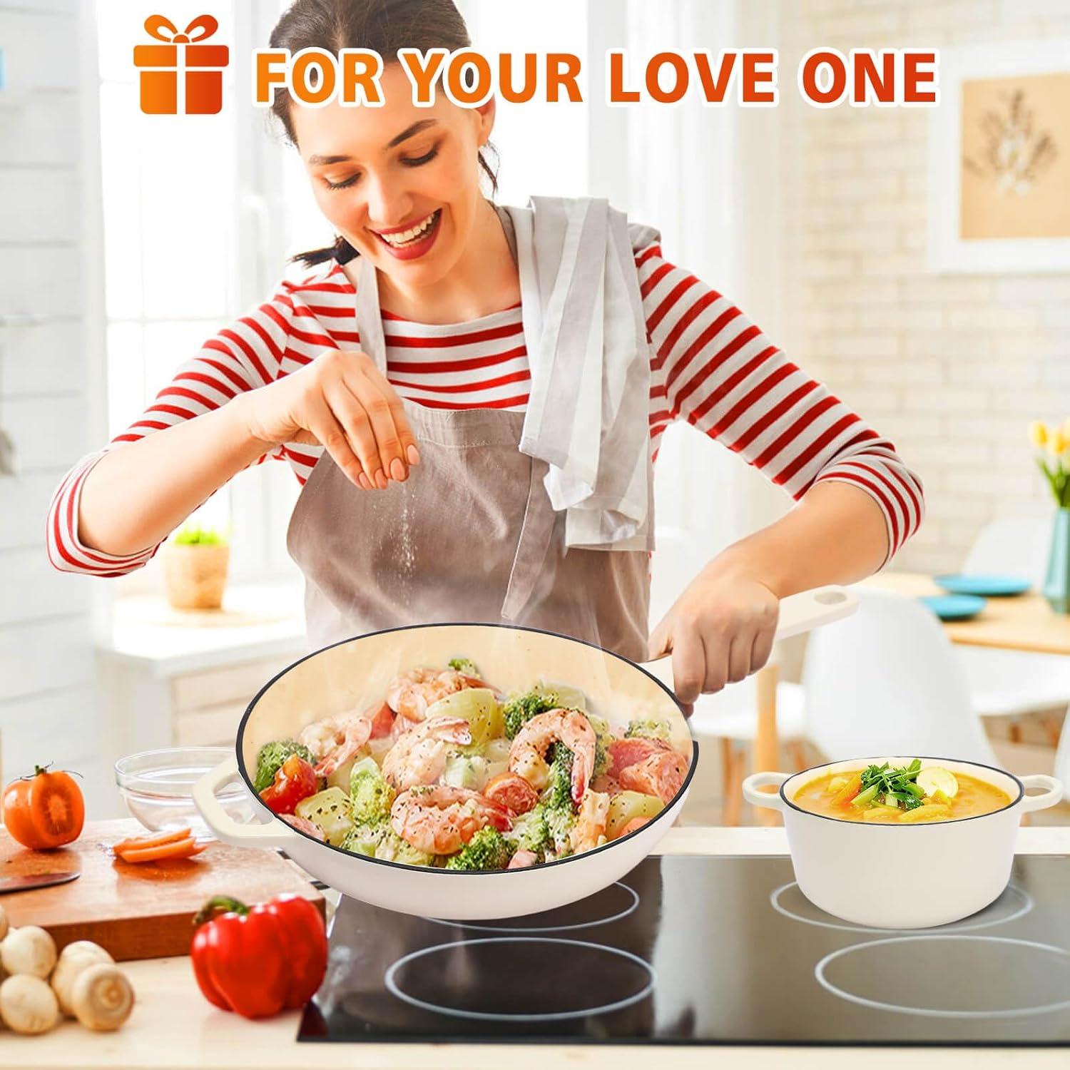 imageHisencn Enameled Cast Iron Cookware Set 7 Piece Dutch Ovens Set Sauce Pan Skillet 3 Lids Pots and Pans Set Ceramic Coated Cast Iron Heavy Duty GasInduction Compatible PFA Free Rouge RedCream White