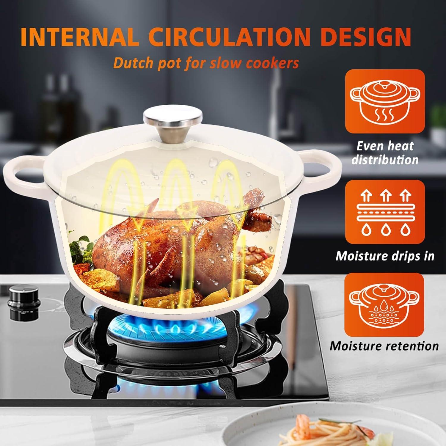 imageHisencn Enameled Cast Iron Cookware Set 7 Piece Dutch Ovens Set Sauce Pan Skillet 3 Lids Pots and Pans Set Ceramic Coated Cast Iron Heavy Duty GasInduction Compatible PFA Free Rouge RedCream White