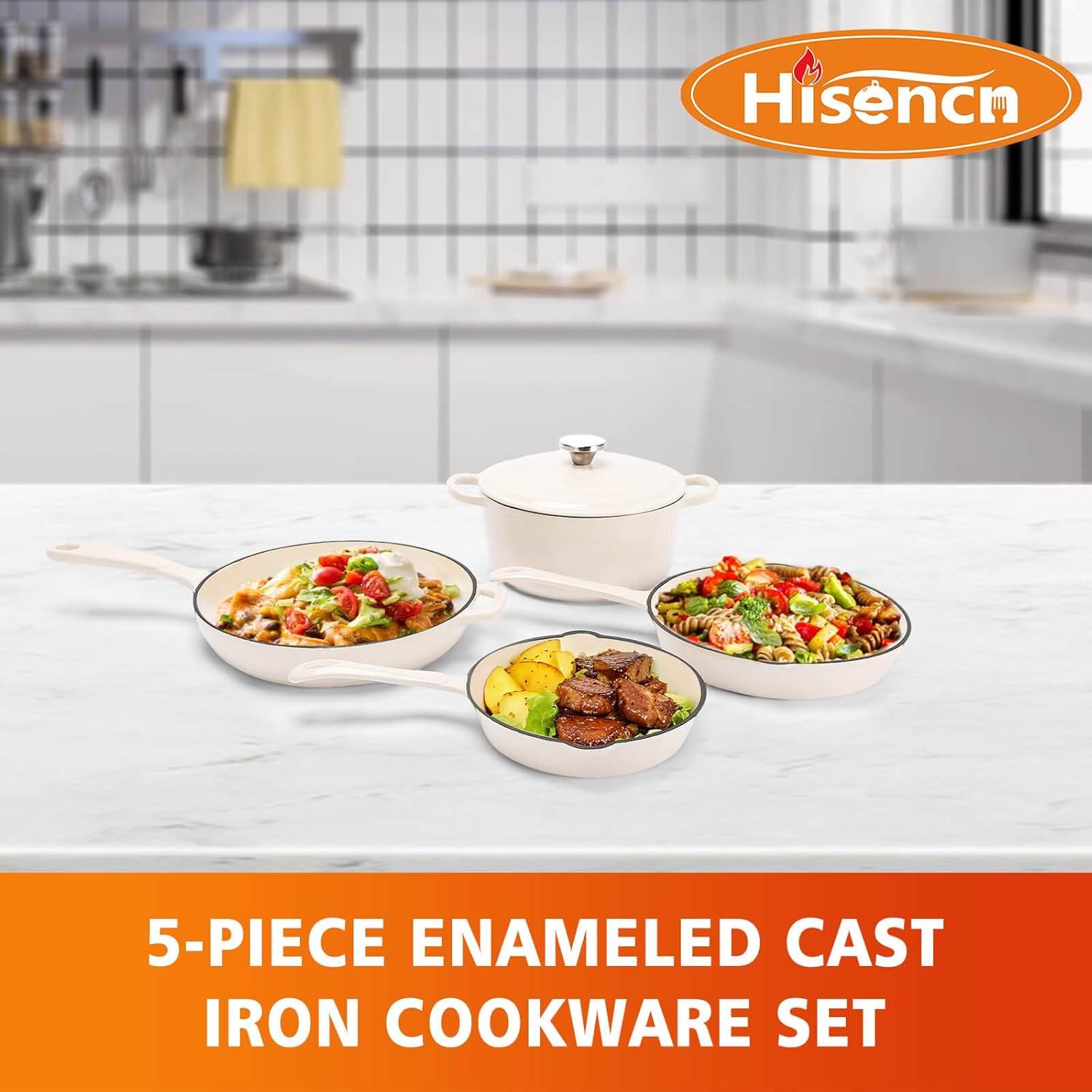 imageHisencn Enameled Cast Iron Cookware Set 7 Piece Dutch Ovens Set Sauce Pan Skillet 3 Lids Pots and Pans Set Ceramic Coated Cast Iron Heavy Duty GasInduction Compatible PFA Free Rouge RedCream White