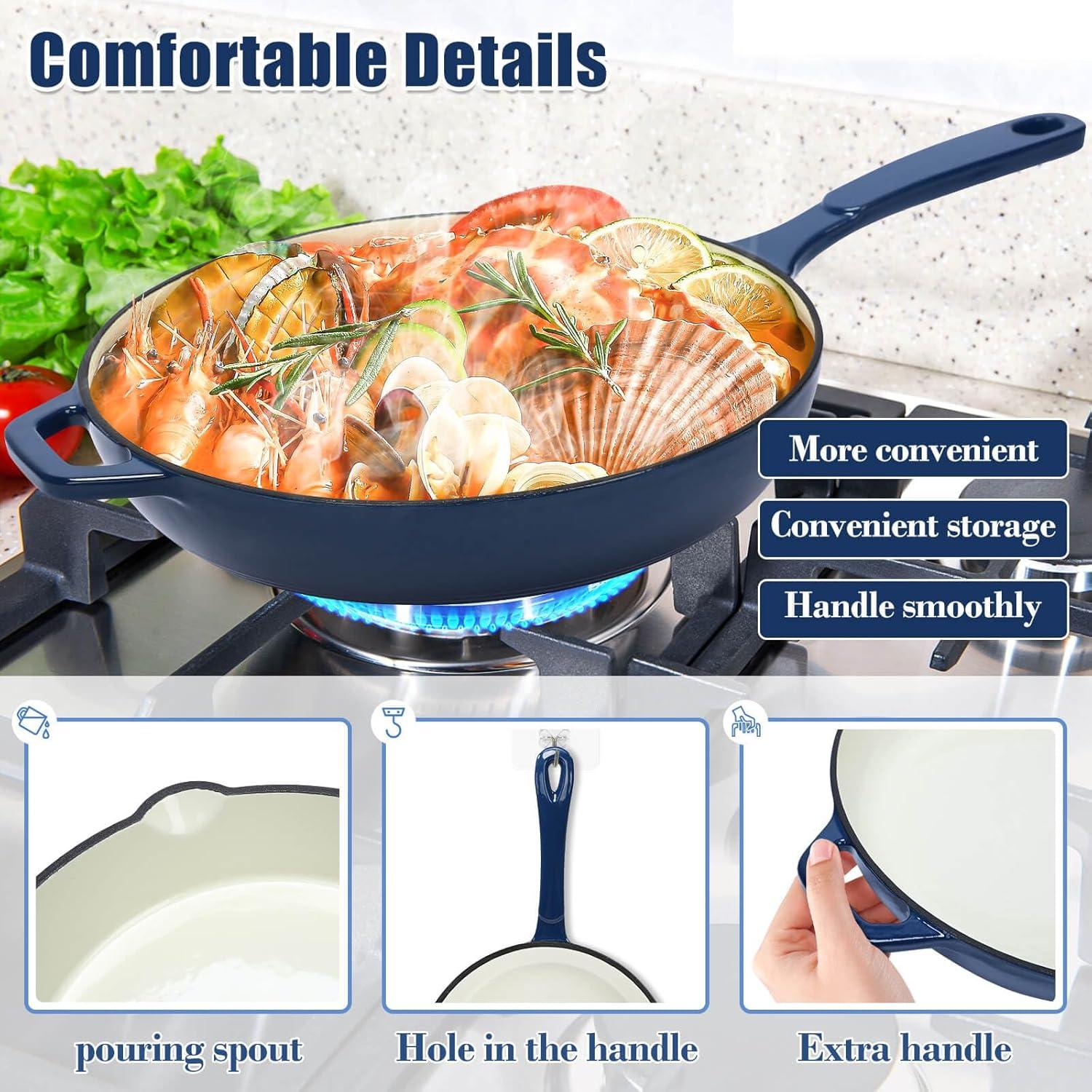 imageHisencn Enameled Cast Iron Cookware Set 7 Piece Dutch Ovens Set Sauce Pan Skillet 3 Lids Pots and Pans Set Ceramic Coated Cast Iron Heavy Duty GasInduction Compatible PFA Free Rouge RedNavy Blue