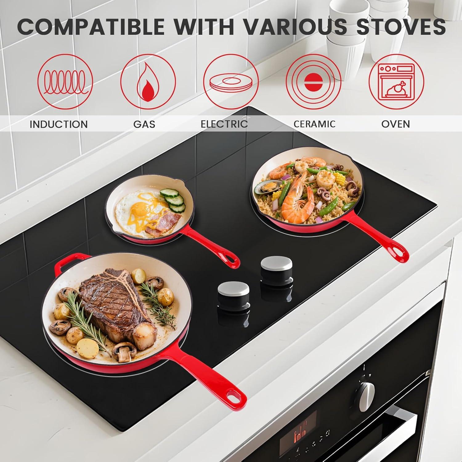 imageHisencn Enameled Cast Iron Cookware Set 7 Piece Dutch Ovens Set Sauce Pan Skillet 3 Lids Pots and Pans Set Ceramic Coated Cast Iron Heavy Duty GasInduction Compatible PFA Free Rouge RedRouge Red