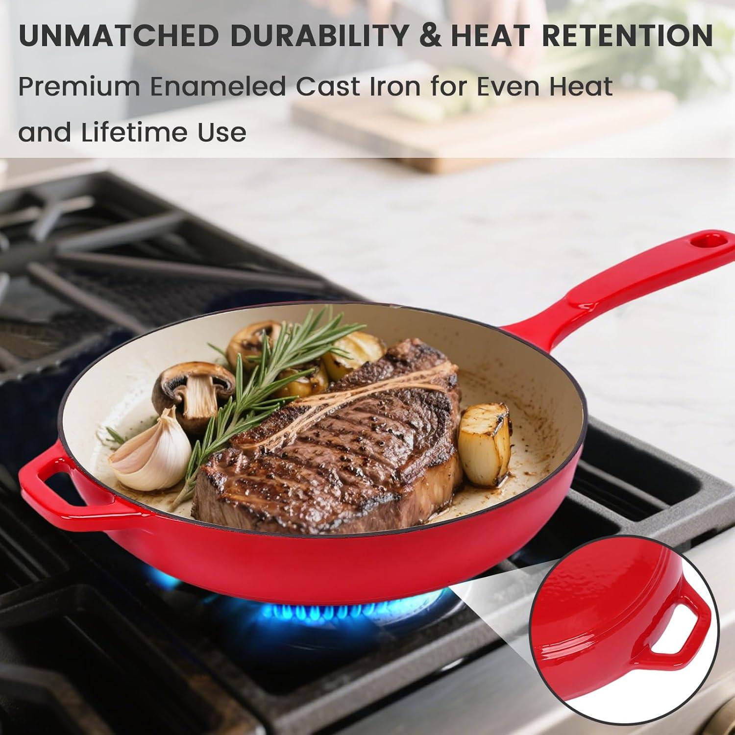 imageHisencn Enameled Cast Iron Cookware Set 7 Piece Dutch Ovens Set Sauce Pan Skillet 3 Lids Pots and Pans Set Ceramic Coated Cast Iron Heavy Duty GasInduction Compatible PFA Free Rouge RedRouge Red