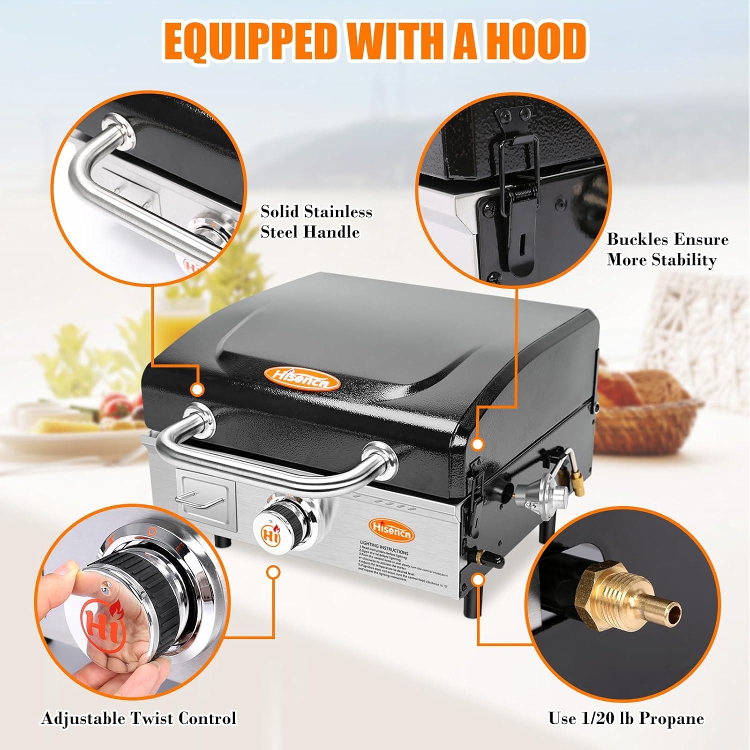imageHisencn Portable Flat Top Grill for Outdoor Tabletop Countertop Kitchen Tailgating RV Nonstick Camping Griddle 285 sq in 15000 BTUs Griddle for Gas Grill 17 Inch with Hood with Carry Bag