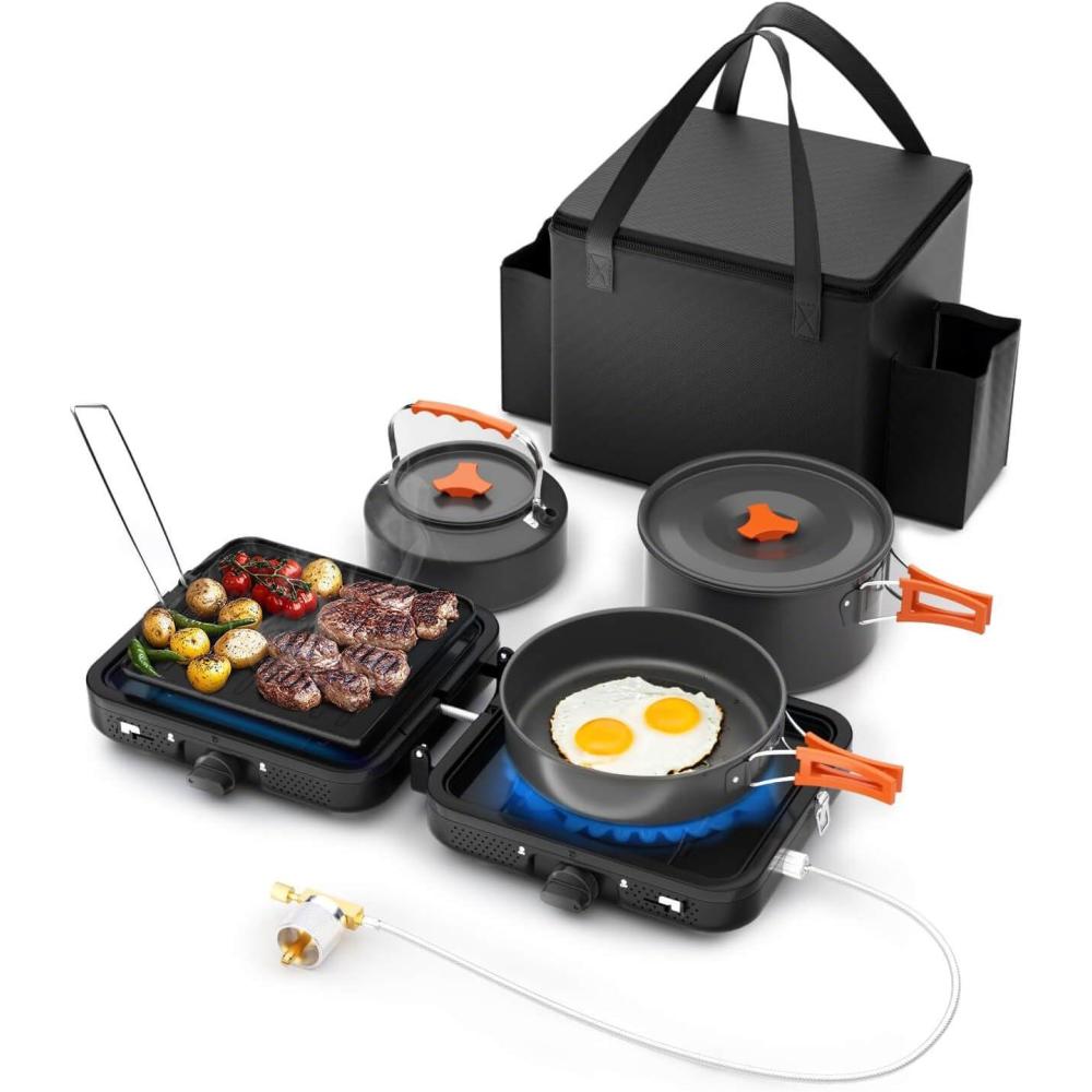 imageHisencn Camping Stove2 Burner Propane Stove20000 BTUh Camping Cooking set Includes Frying PanKettle and PotAdjustable Burners amp Piezo IgnitionPortable stove for camping OutdoorBlueBlack