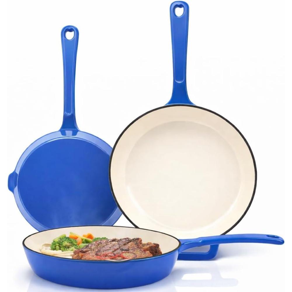 imageHisencn Enameled Cast Iron Cookware Set 7 Piece Dutch Ovens Set Sauce Pan Skillet 3 Lids Pots and Pans Set Ceramic Coated Cast Iron Heavy Duty GasInduction Compatible PFA Free Rouge RedCobalt Blue