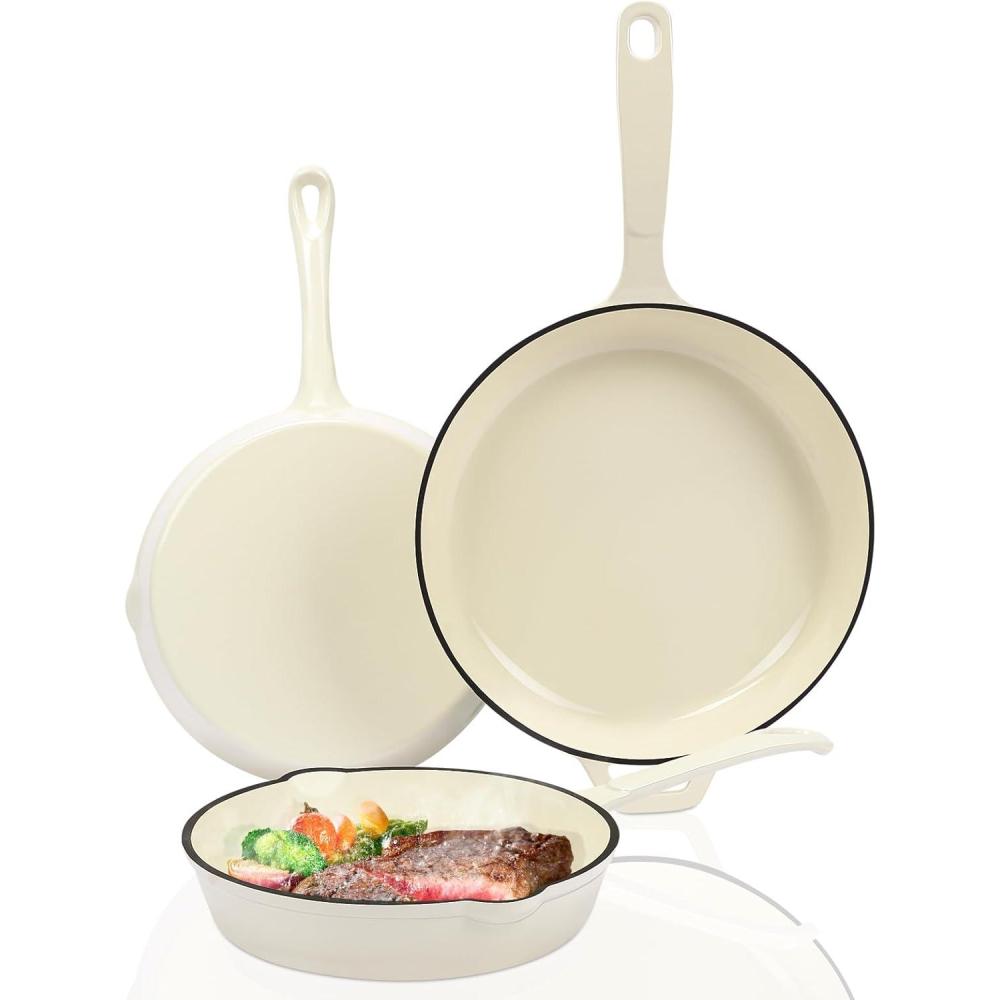 imageHisencn Enameled Cast Iron Cookware Set 7 Piece Dutch Ovens Set Sauce Pan Skillet 3 Lids Pots and Pans Set Ceramic Coated Cast Iron Heavy Duty GasInduction Compatible PFA Free Rouge RedCream White