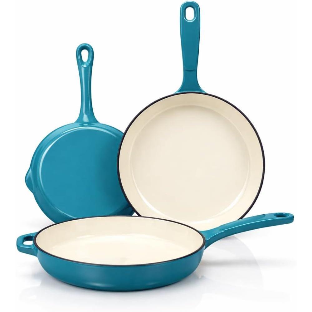imageHisencn Enameled Cast Iron Cookware Set 7 Piece Dutch Ovens Set Sauce Pan Skillet 3 Lids Pots and Pans Set Ceramic Coated Cast Iron Heavy Duty GasInduction Compatible PFA Free Rouge RedBiscay Blue