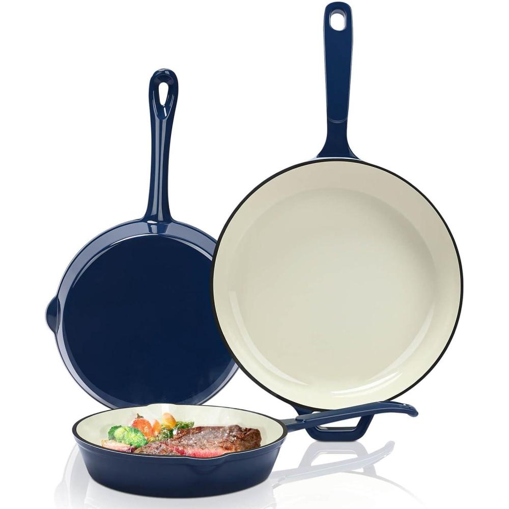 imageHisencn Enameled Cast Iron Cookware Set 7 Piece Dutch Ovens Set Sauce Pan Skillet 3 Lids Pots and Pans Set Ceramic Coated Cast Iron Heavy Duty GasInduction Compatible PFA Free Rouge RedNavy Blue