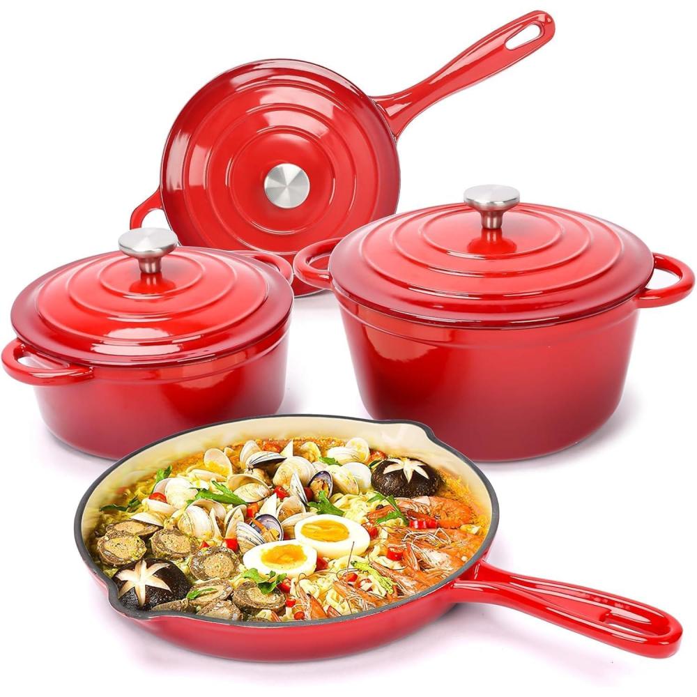 imageHisencn Enameled Cast Iron Cookware Set 7 Piece Dutch Ovens Set Sauce Pan Skillet 3 Lids Pots and Pans Set Ceramic Coated Cast Iron Heavy Duty GasInduction Compatible PFA Free Rouge RedRed