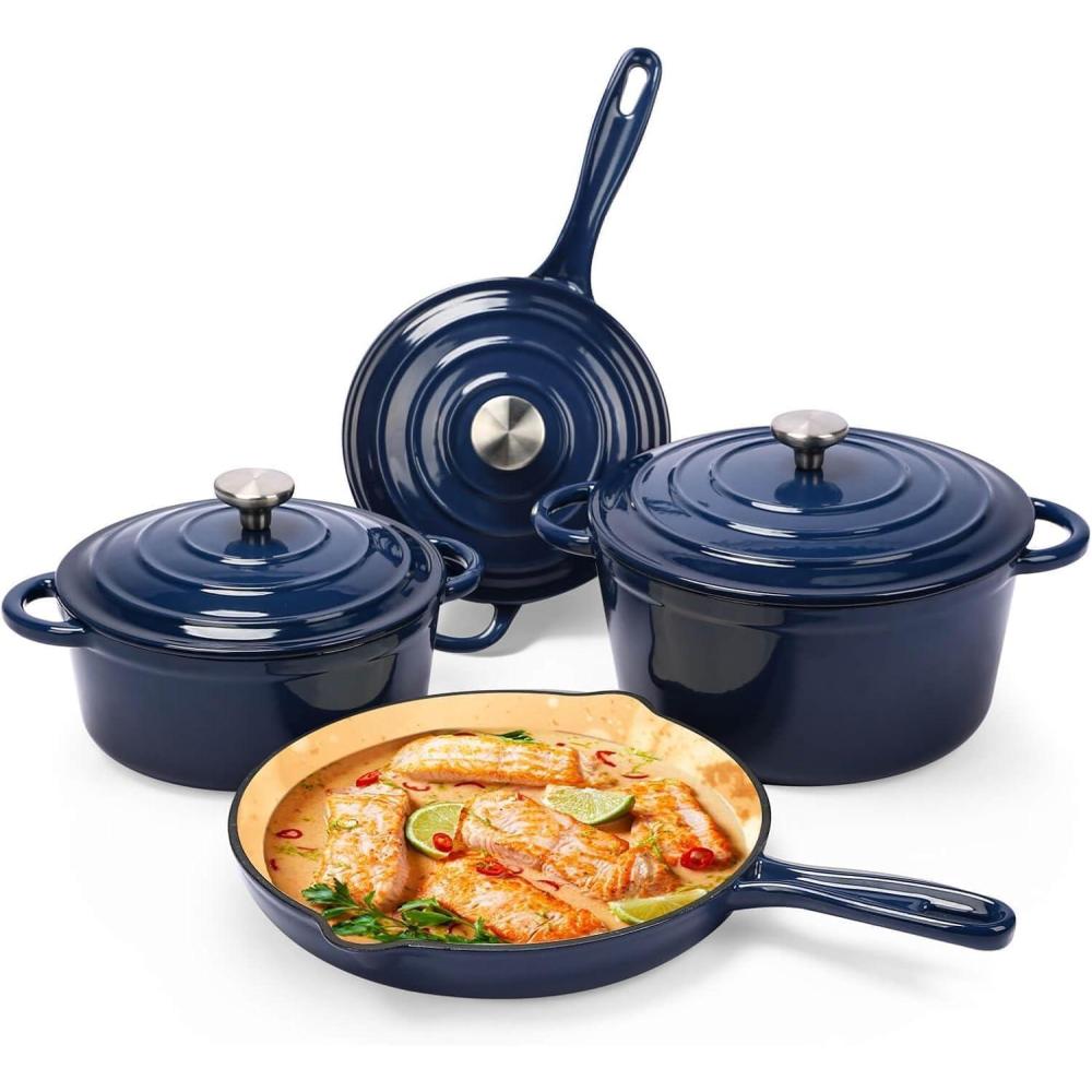 imageHisencn Enameled Cast Iron Cookware Set 7 Piece Dutch Ovens Set Sauce Pan Skillet 3 Lids Pots and Pans Set Ceramic Coated Cast Iron Heavy Duty GasInduction Compatible PFA Free Rouge RedNavy