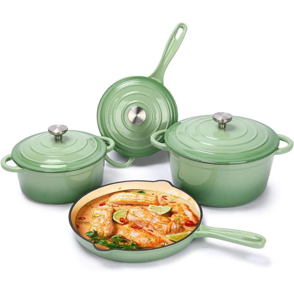 imageHisencn Enameled Cast Iron Cookware Set  7 Piece Set of Dutch Ovens Sauce Pan Skillet 3 Lids Dutch Oven Set Ceramic Coated Cast Iron Heavy Duty GasInduction Compatible Pistachio GreenPistachio Green