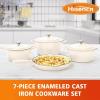 Hisencn Enameled Cast Iron Cookware Set – 7 Piece Set of Dutch Ovens, Sauce Pan, Skillet, 3 Lids, Dutch Oven Set, Ceramic Coated Cast Iron, Heavy Duty, Gas/Induction Compatible (Pistachio Green)(Cream White)