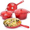 Hisencn Enameled Cast Iron Cookware Set – 7 Piece Dutch Ovens Set, Sauce Pan, Skillet, 3 Lids, Pots and Pans Set, Ceramic Coated Cast Iron, Heavy Duty, Gas/Induction Compatible, PFA Free, Rouge Red(Red)