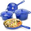 Hisencn Enameled Cast Iron Cookware Set – 7 Piece Set of Dutch Ovens, Sauce Pan, Skillet, 3 Lids, Dutch Oven Set, Ceramic Coated Cast Iron, Heavy Duty, Gas/Induction Compatible (Pistachio Green)(Cobalt Blue)