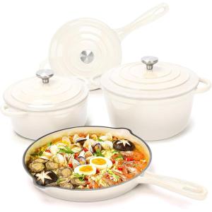 Hisencn Enameled Cast Iron Cookware Set – 7 Piece Set of Dutch Ovens, Sauce Pan, Skillet, 3 Lids, Dutch Oven Set, Ceramic Coated Cast Iron, Heavy Duty, Gas/Induction Compatible (Pistachio Green)(Cream White)