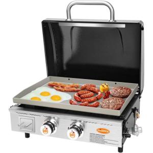 Hisencn Portable Flat Top Grill Propane Gas Grill for Outdoor, Camping, Tabletop, Kitchen, Tailgating, RV – 369 sq. in. Heavy Duty & 24000 BTUs Griddle for BBQ Grill, 22 Inch with Hood, with Carry Bag