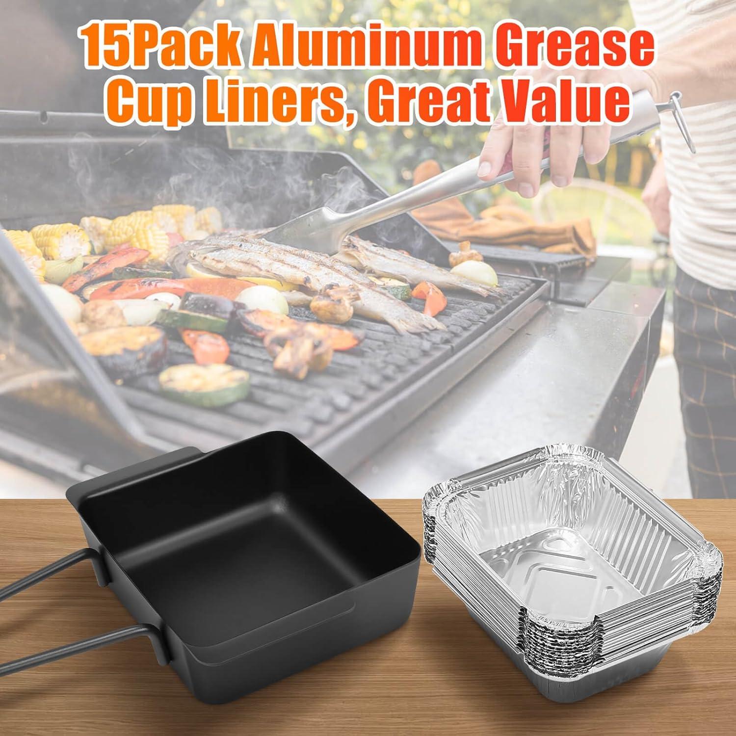 imageHisencn Grease Cup Drip Pan with 15 Pack Aluminum Foil Cups Compatible with Charbroil 9328812P06 Black Powder Coated Grease Pan Replacement for Charbroil Grills with Clip G4160015W1Square