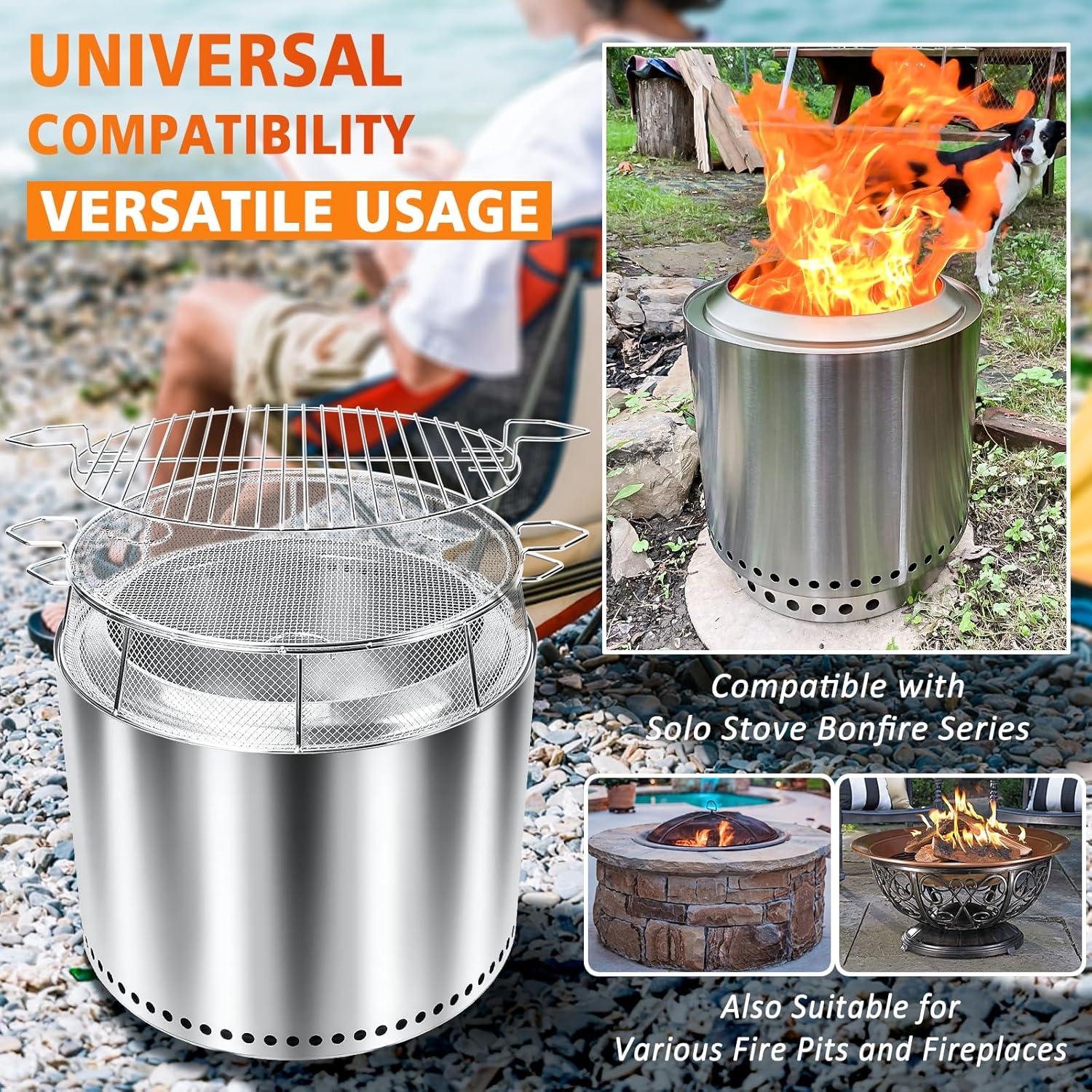 imageHisencn Shield for Solo Stove Yukon 27 Inch 304 Stainless Steel Fire Pit Spark Protector Screen amp Grill Cooking Grate amp Fire Pit Stand for Fireplace with Two Guild Sticks