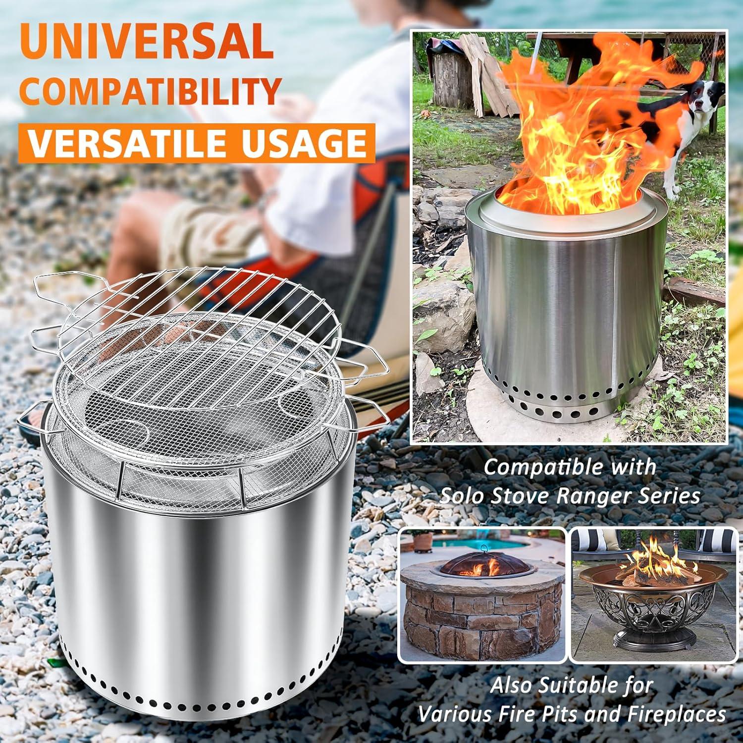 imageShield for Solo Stove Ranger 15 Inch 304 Stainless Steel Fire Pit Spark Protector Screen amp Grill Cooking Grate amp Fire Pit Stand for Fireplace with Two Guild Sticks