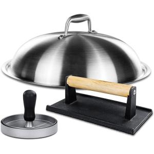 Hisencn Griddle Accessories Kit 13 Inch Basting Cover 304 Stainless Steel Melting Dome Lid, Cast Iron Bacon Press with Non-Stick Hamburger Patty Maker Mold – Perfect for Flat Top Griddle Grill Cooking